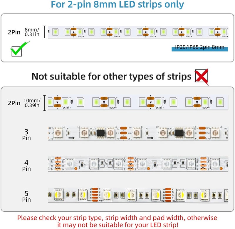 RGBZONE 2 Pin LED Strip Connector Kit, 5pcs 8mm Strip to Wire Connectors and 10m Extension Cable for Waterproof or Non-Waterproof Single Color LED Strip Lights - Image 3